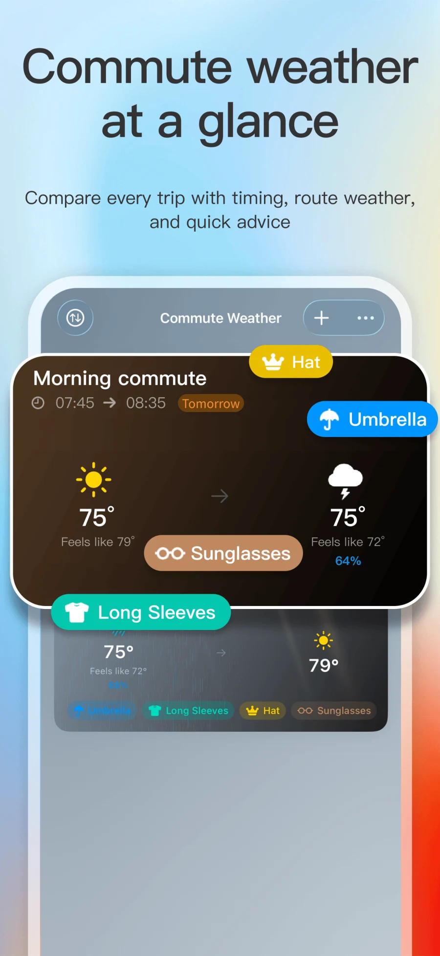 Captura da App Store do ecrã inicial da Meteorologia em Rota com várias previsões de trajeto
