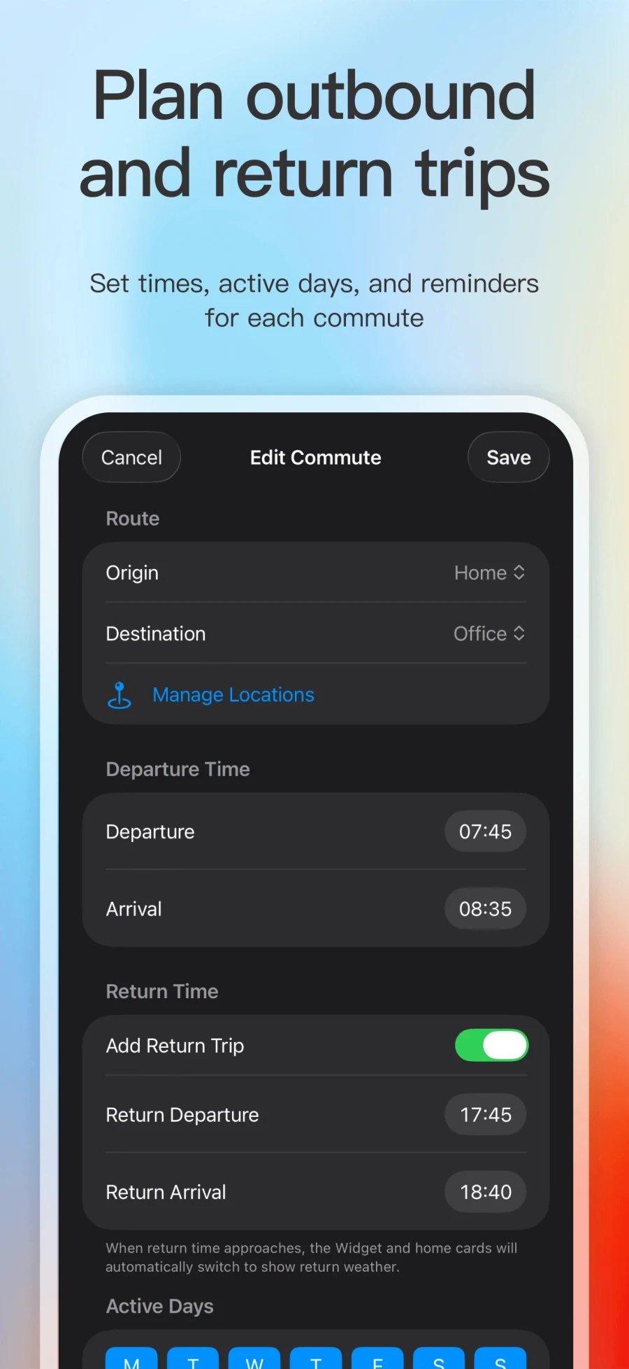 Captura da App Store da edição de trajeto, horários volta e dias ativos