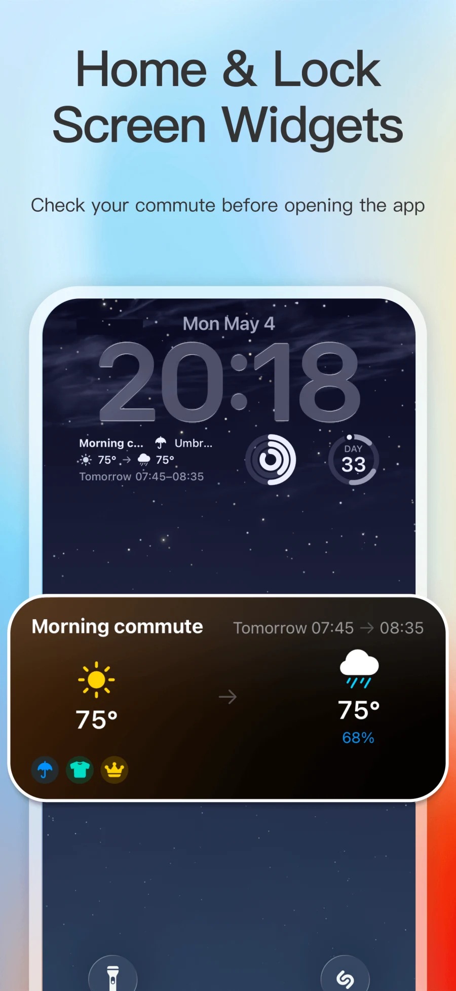 Captura da App Store dos widgets do ecrã principal e de bloqueio da Meteorologia em Rota