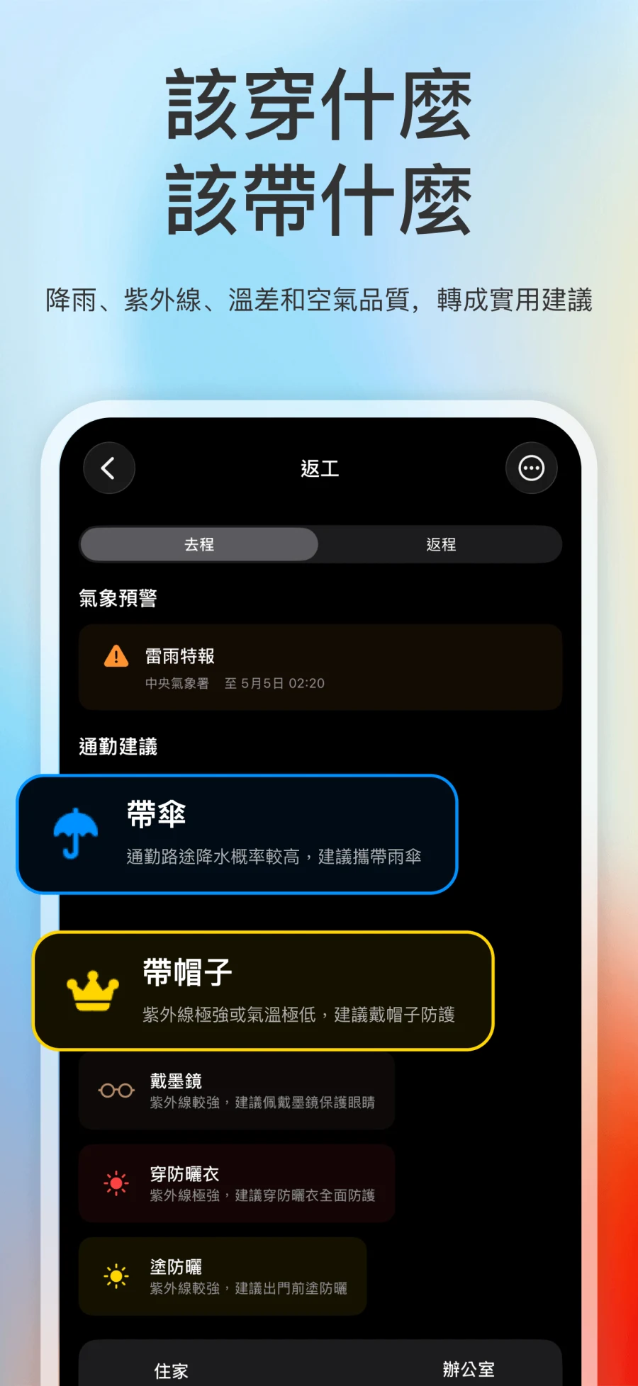 App Store 截圖展示氣象預警、通勤建議和天氣比較